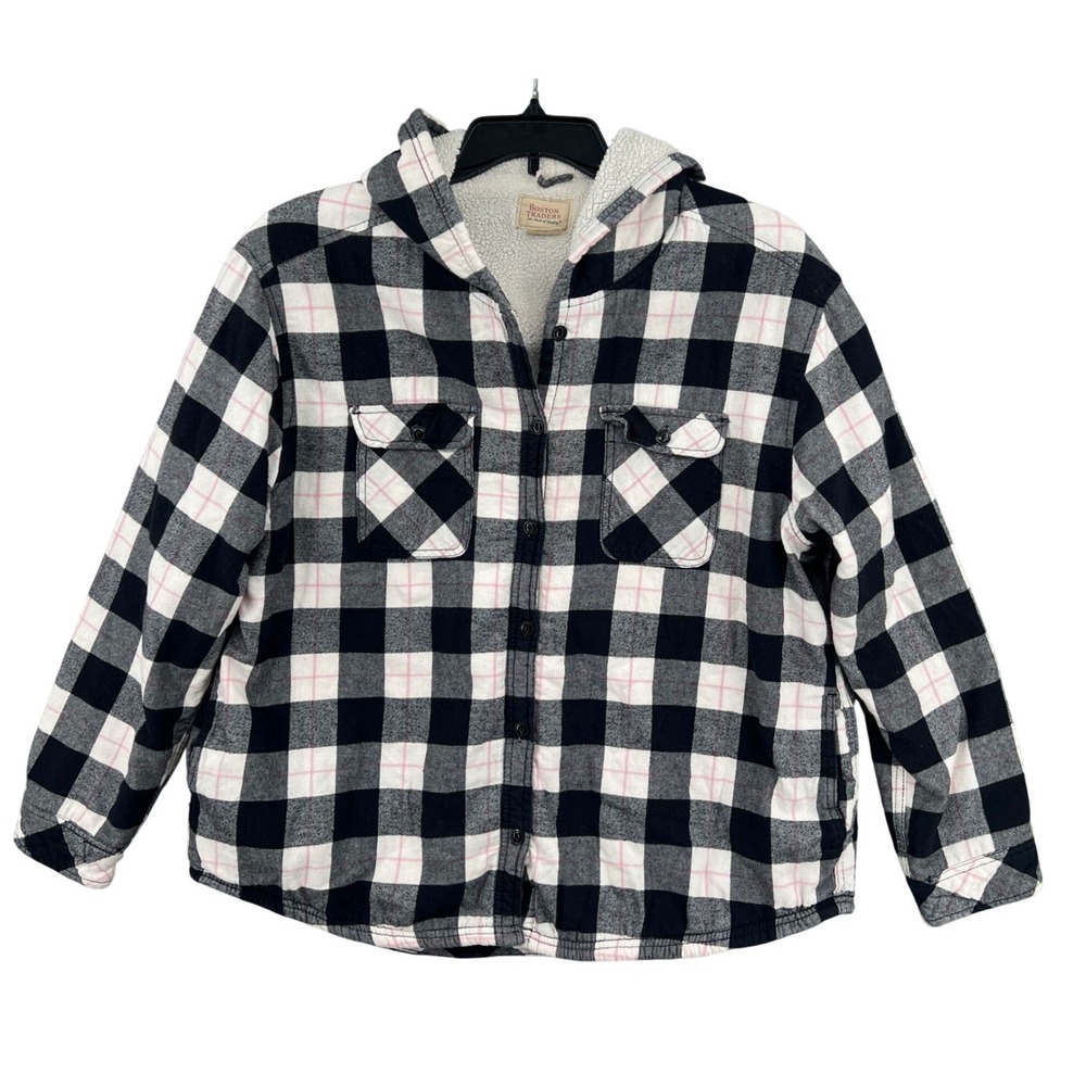 Boston Traders Women's XXL Sherpa Lined Hooded Flannel Jacket Black Gray Plaid C
